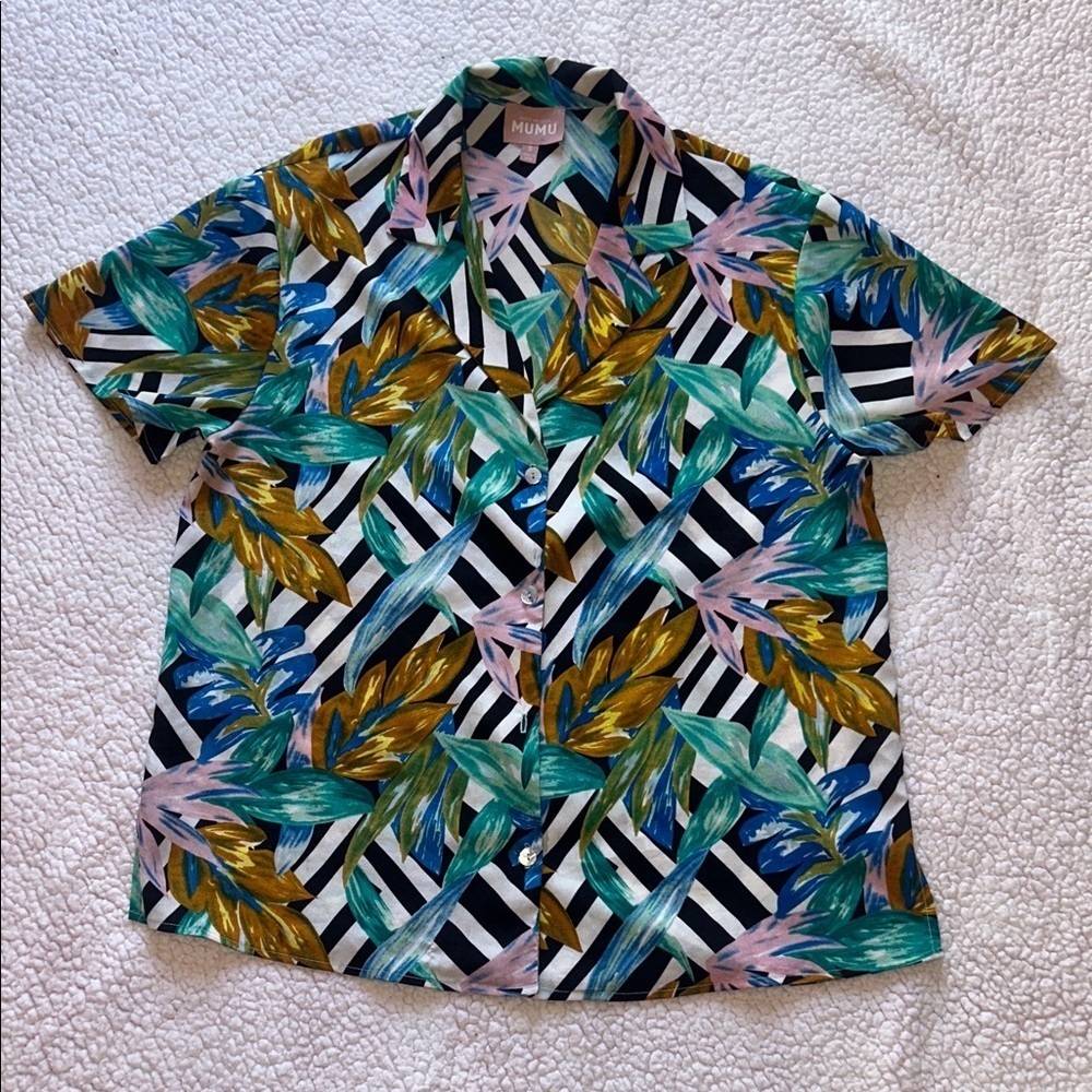 Show Me Your MuMu Tropical Leaf Button Down Shirt - Green, Blue, Black